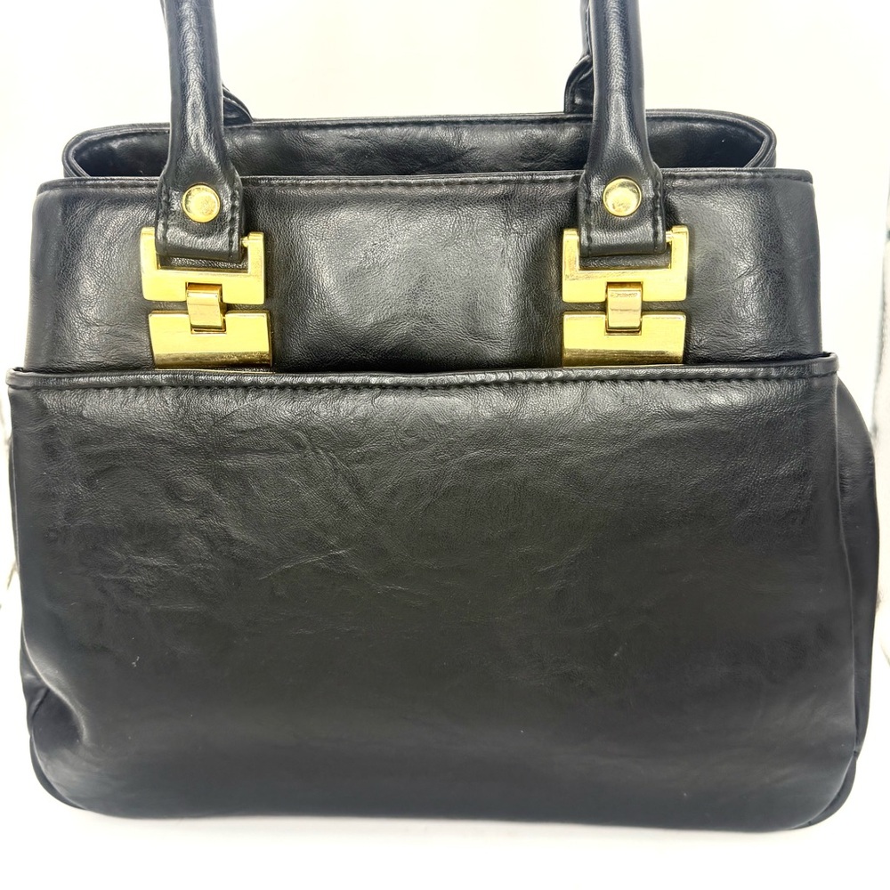 Jenny Buchanan Black Faux Leather Purse Gold Tone Hardware 11x9 Classic Tote